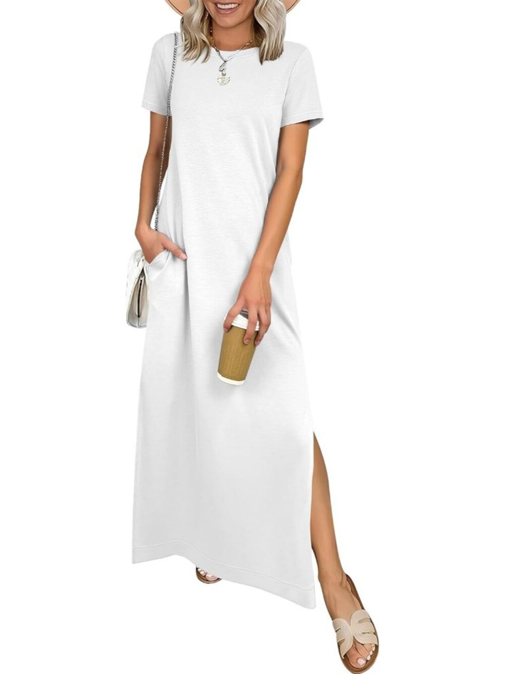 Women's White Crewneck Summer Casual Maxi Dress Short Sleeve Split Long Sundress